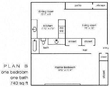 Floor plan for 1 bed, 1 bath, 740 sqft